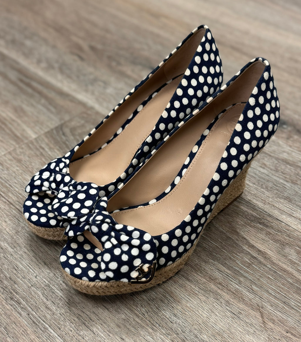 TORY BURCH Polka Dot Deep Toe Espadrille Wedge Heels Sz. 8 1/2