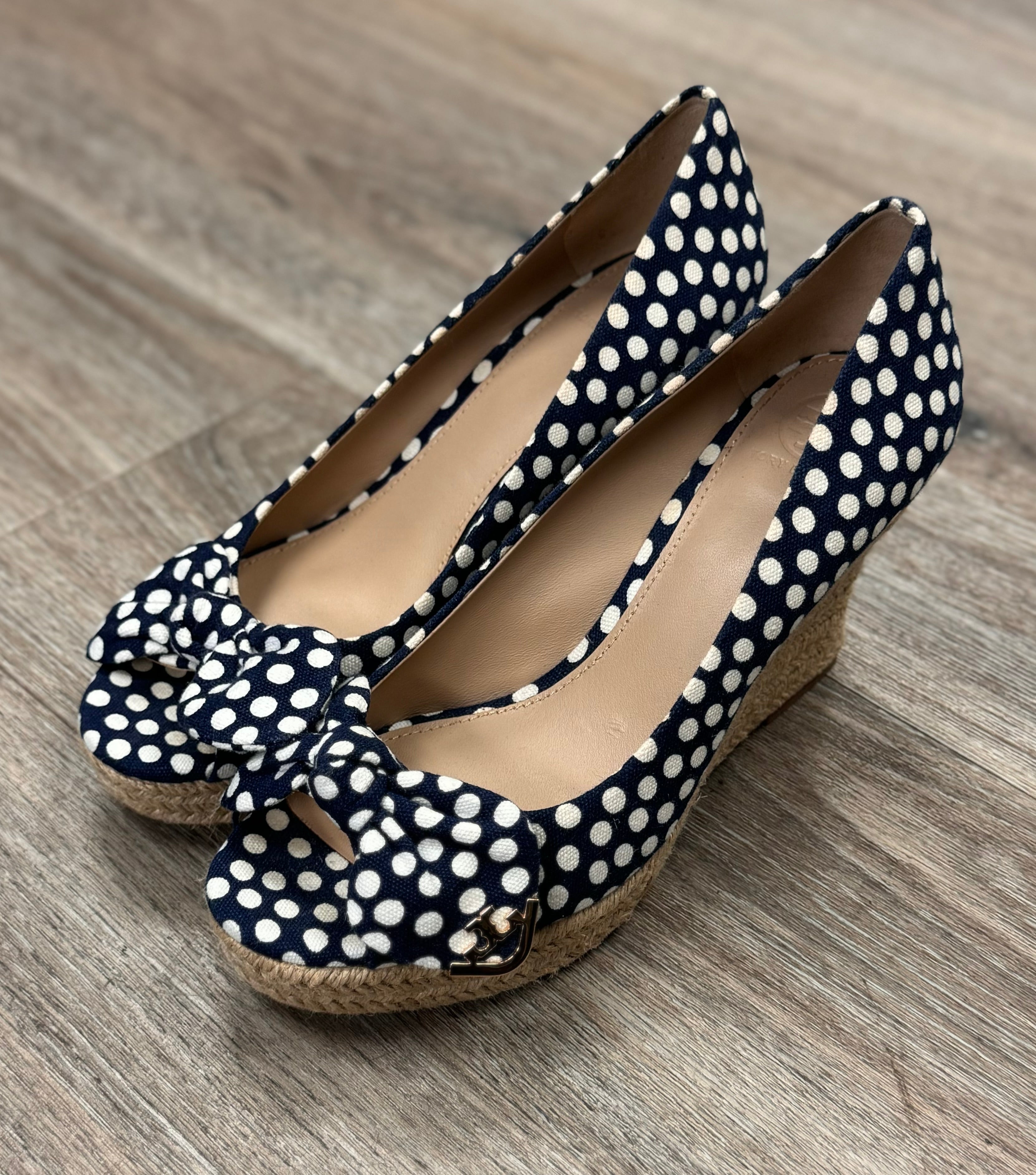 TORY BURCH Polka Dot Deep Toe Espadrille Wedge Heels Sz. 8 1/2