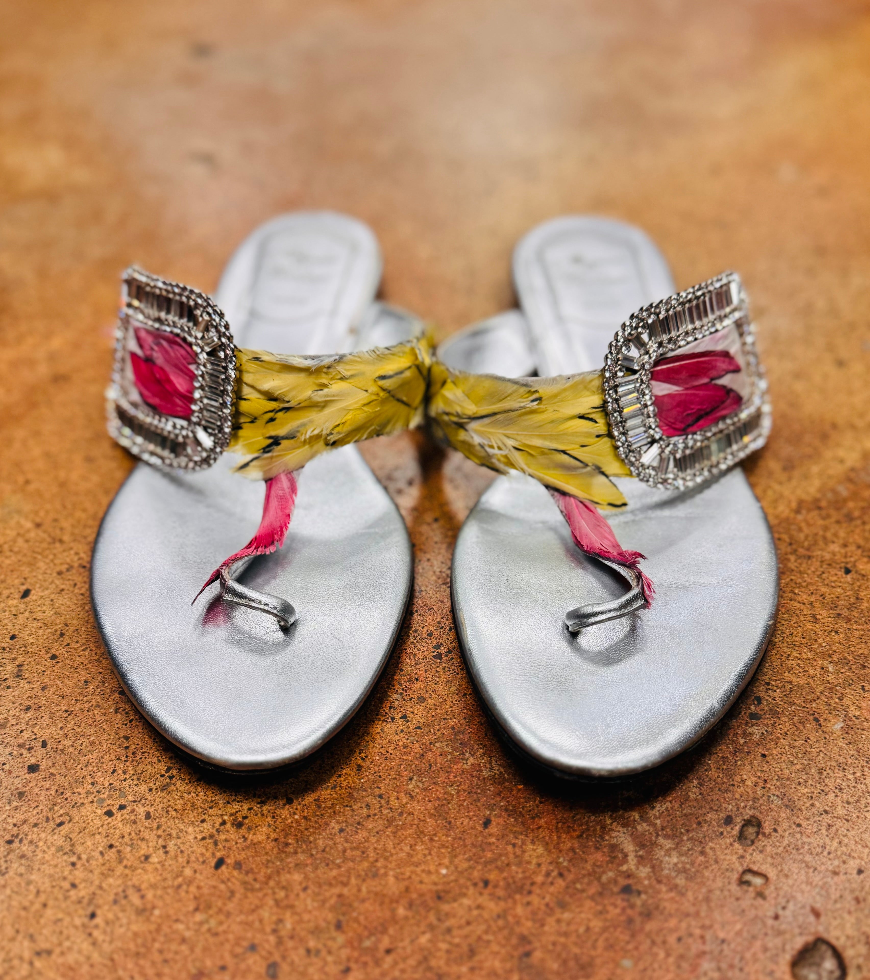 Roger Vivier Silver Crystal Buckle Feather Accent Thong Sandals Sz. 6 1/2