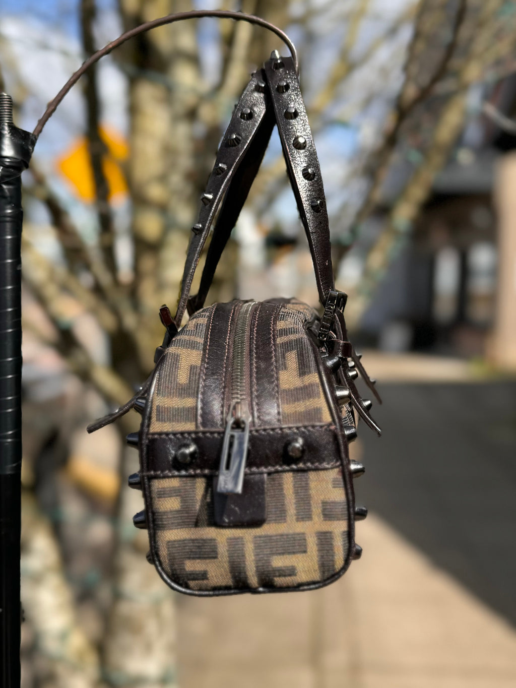 SOLD! Vintage Y2K FENDI Zucca Studded Leather & Canvas Bag