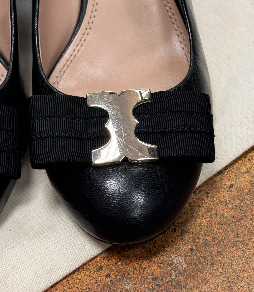 TORY BURCH Black Gemini Link Bow Leather Shoes Sz. 8 1/2