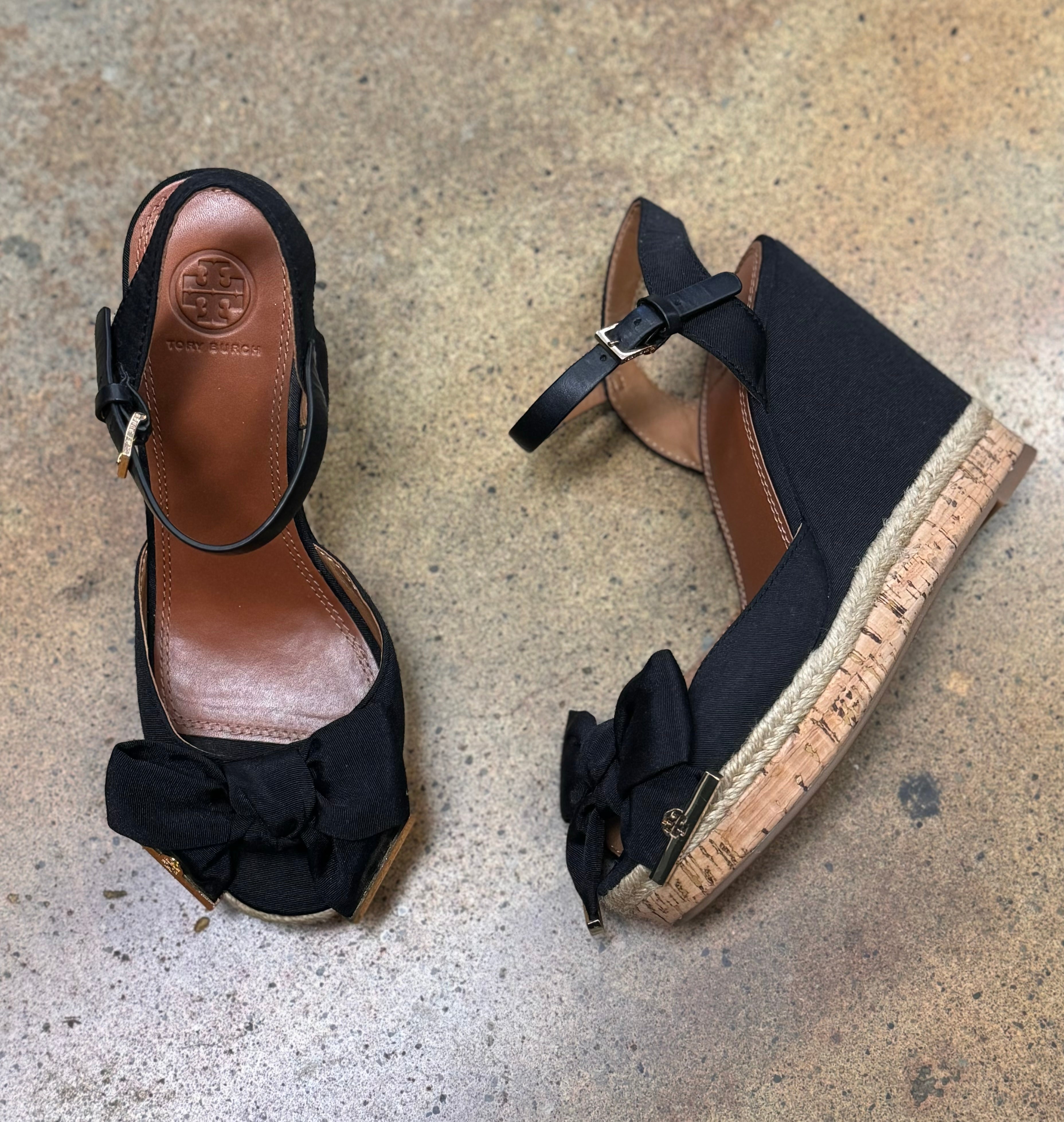 SOLD! TORY BURCH Black Espadrille Bow Wedge Sandals Sz. 8