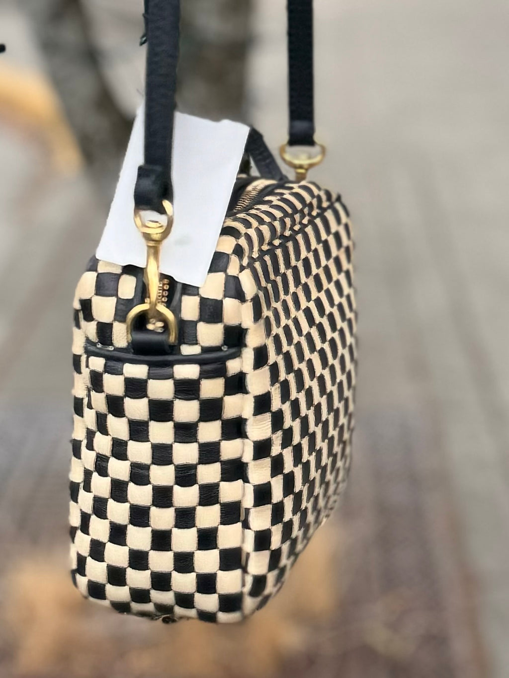 Clare V. Black & Cream Check Leather Crossbody Bag