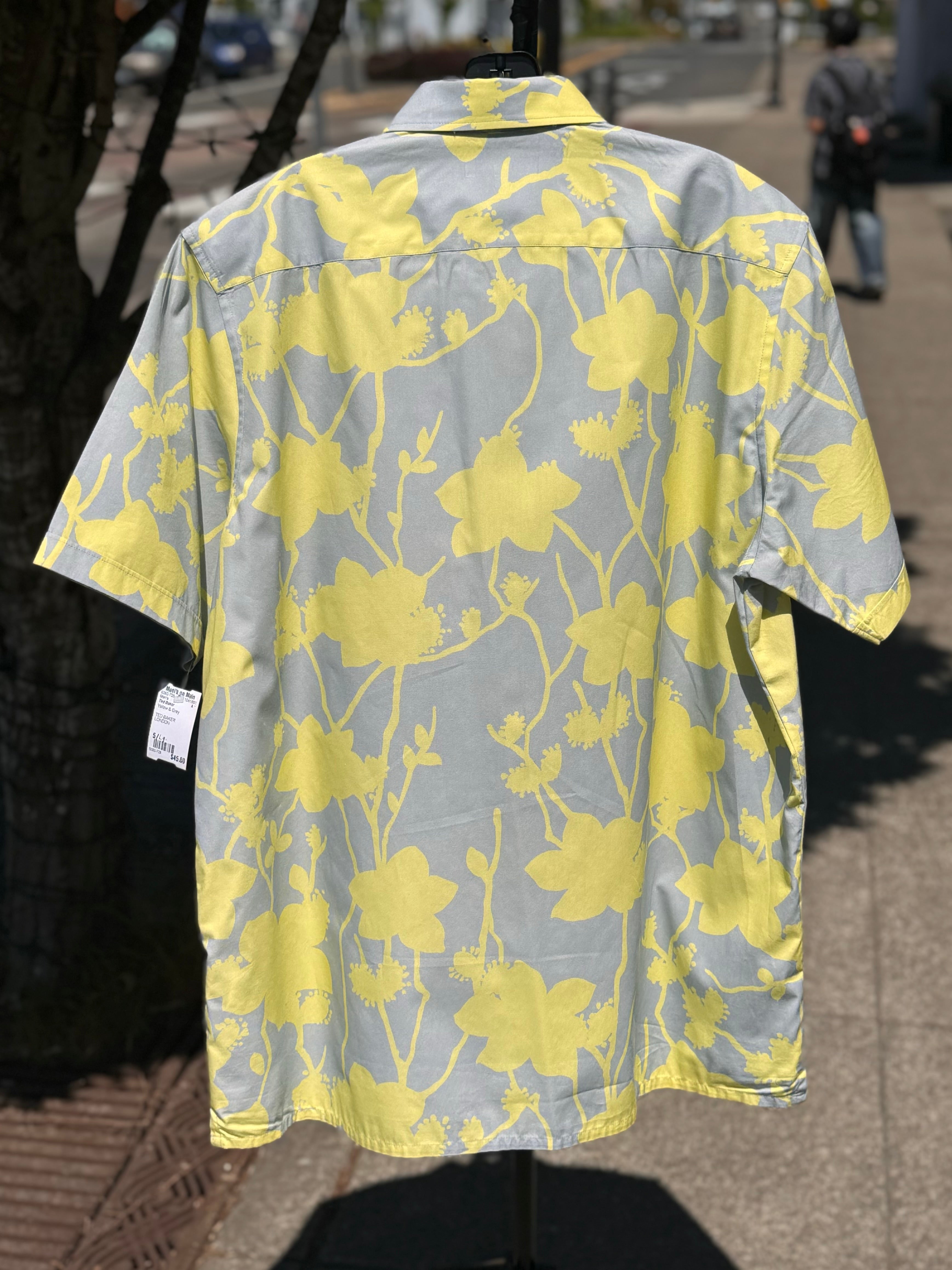 TED BAKER Men’s Grey & Yellow Floral Button Up Short Sleeve Large
