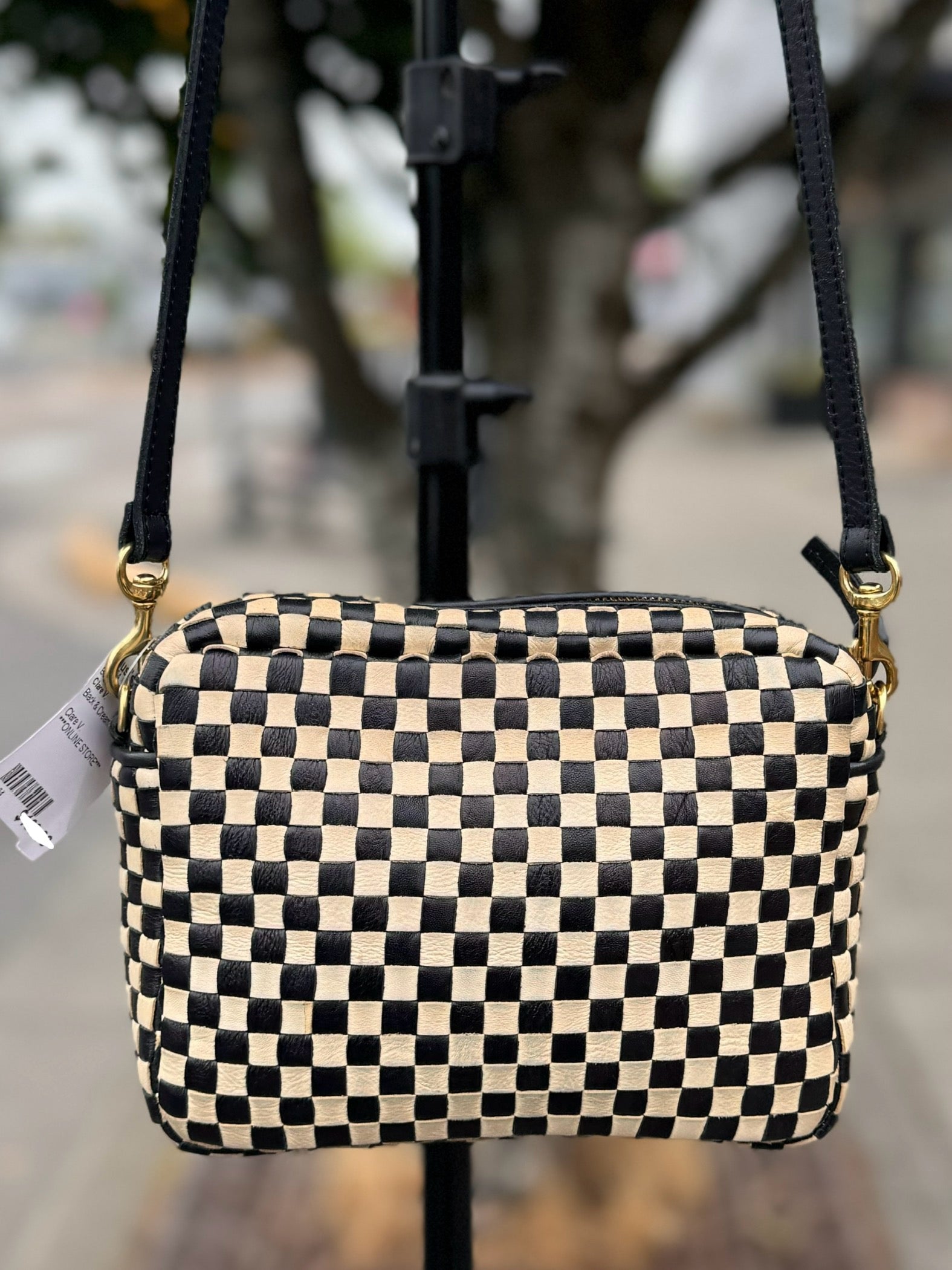 Clare V. Black & Cream Check Leather Crossbody Bag