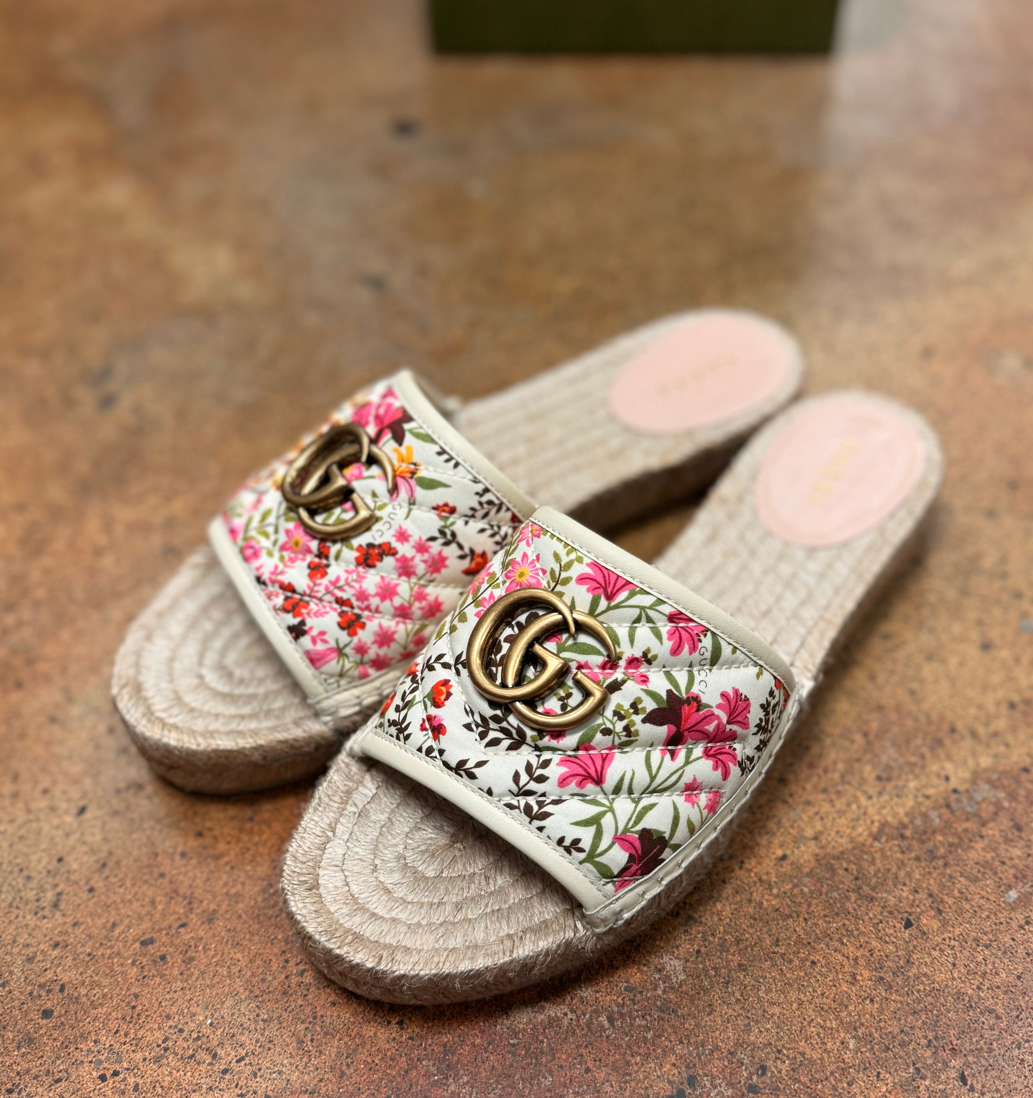 GUCCI Pilar Espadrille Quilted Floral Canvas GG Sandals Sz. 8 1/2