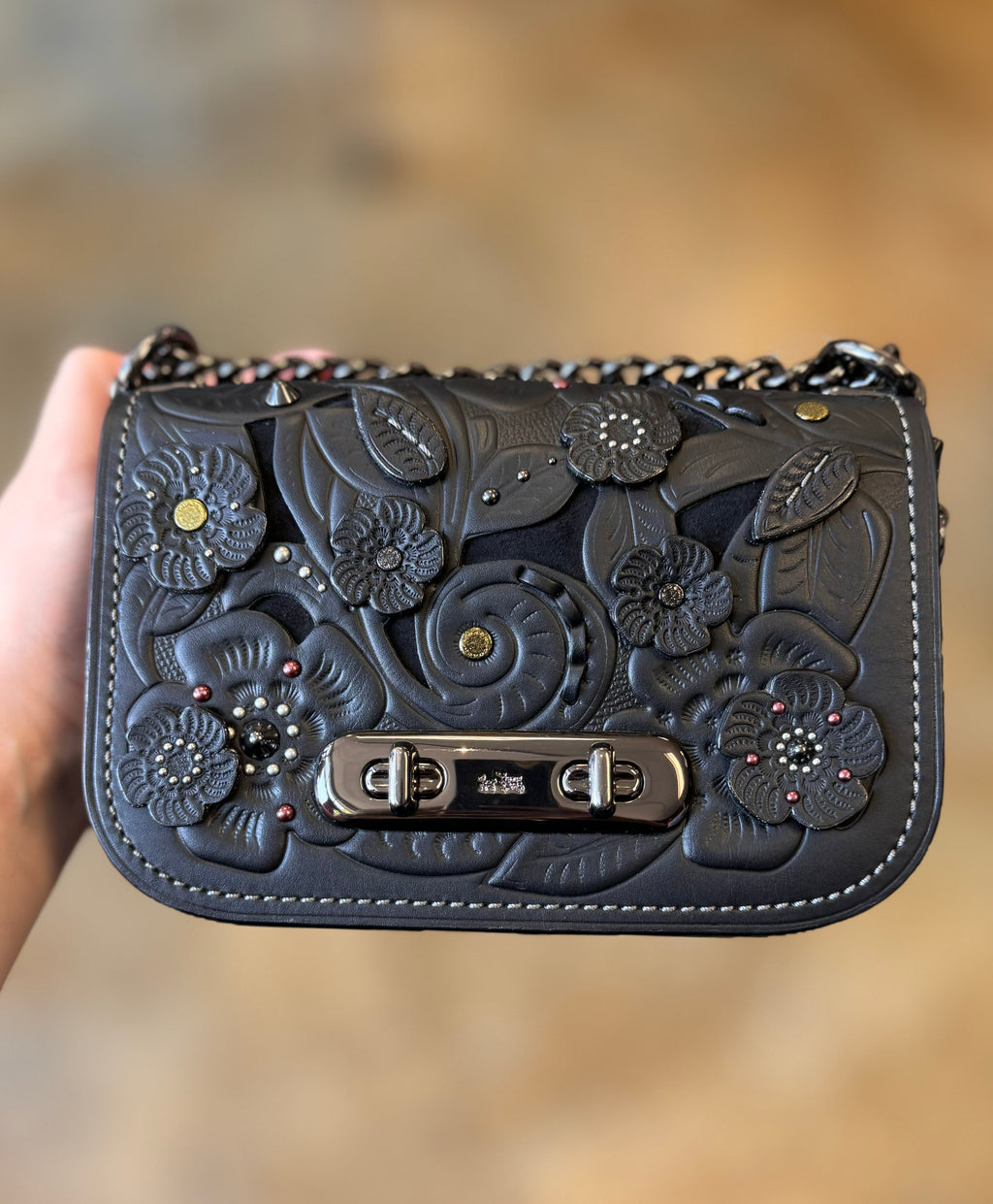 COACH 1941 Swagger Black Tea Rose Tooling Shoulder Bag