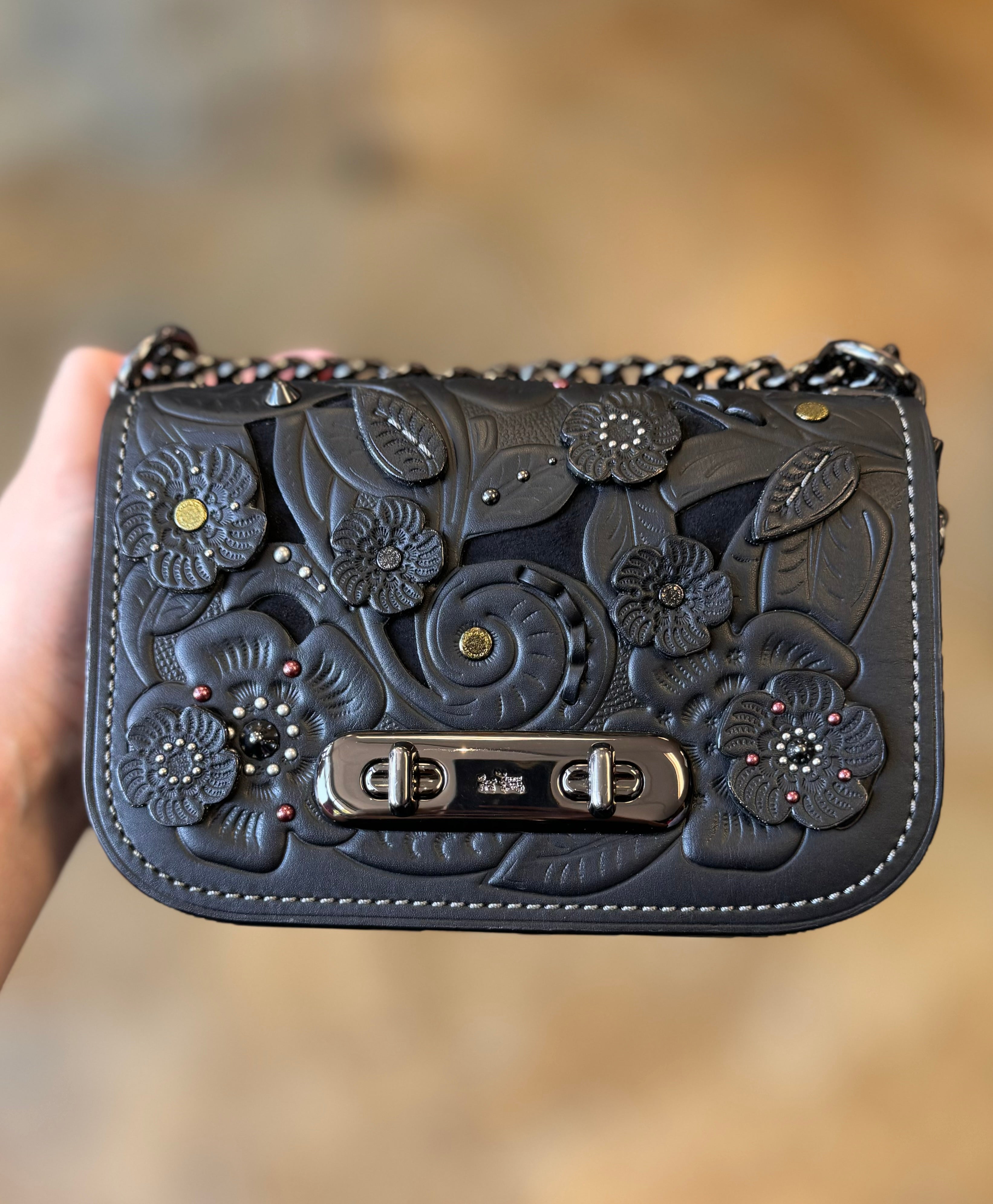 COACH 1941 Swagger Black Tea Rose Tooling Shoulder Bag
