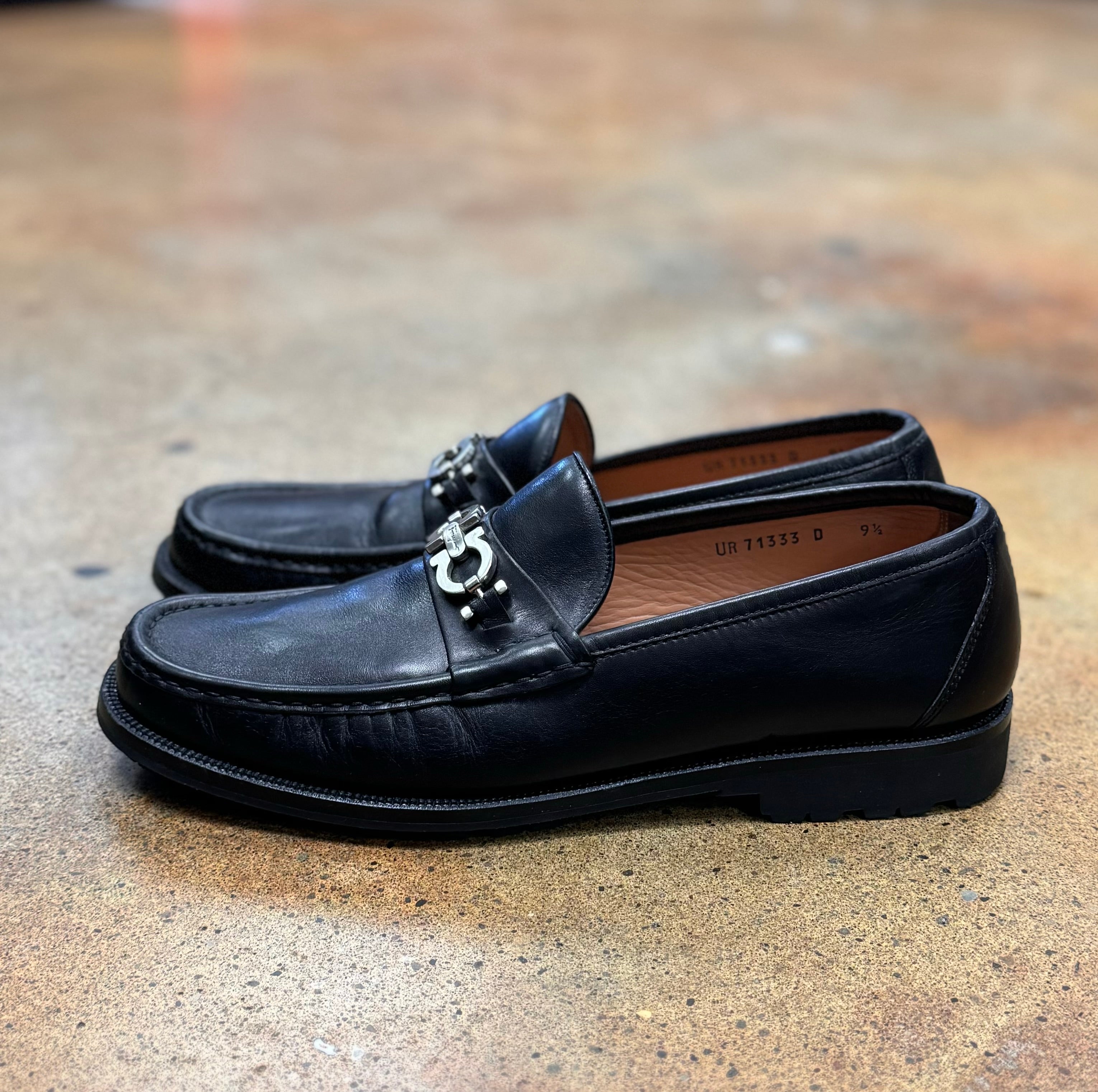 SALVATORE FERRAGAMO Men’s Black Leather David Gancini Bit Loafers Sz. 9 1/2