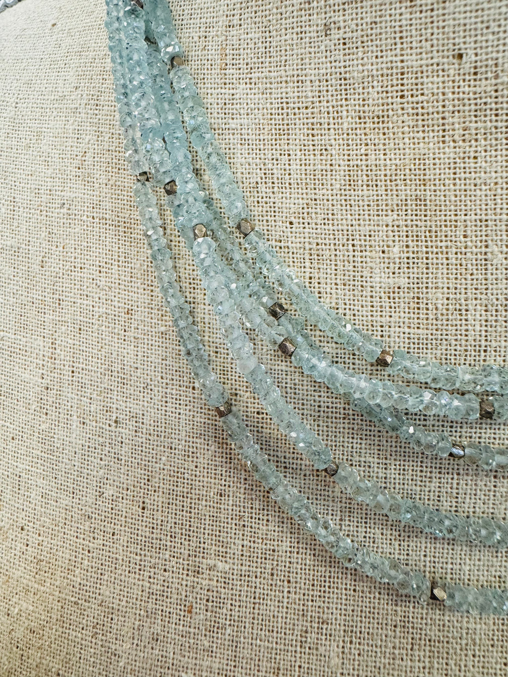 Faceted Aquamarine Sterling Silver 5 Strand Bead Necklace