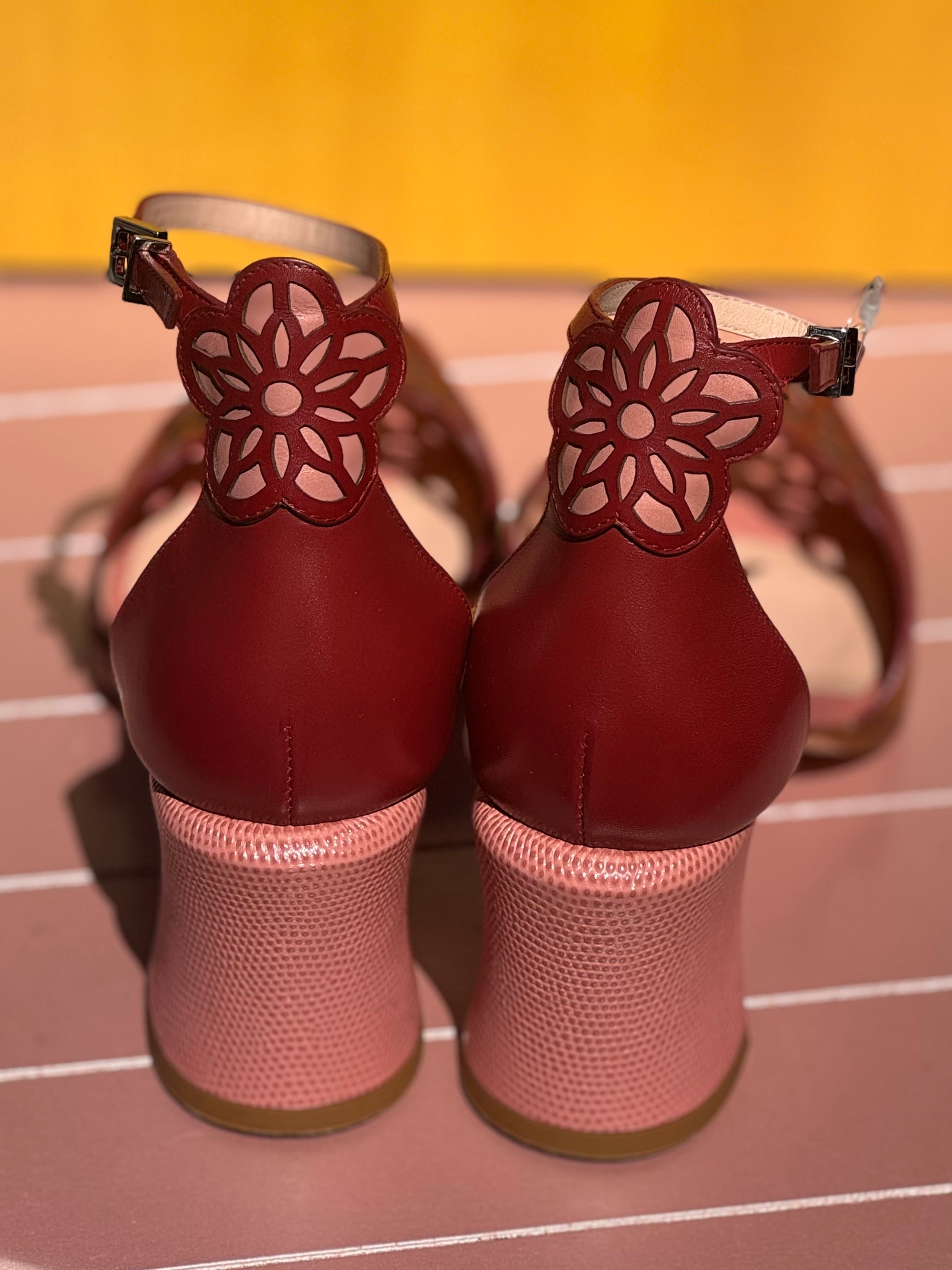 FENDI Pink Leather Embossed Heel Ankle Wrap Sandals Sz. 8