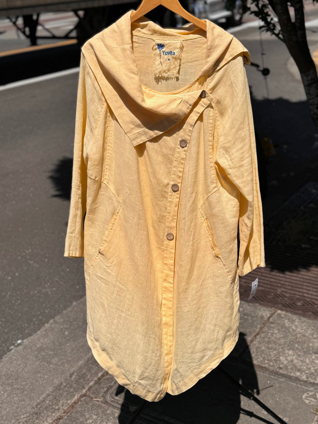 YUVITA Yellow 100% Linen Button Up Long Jacket Medium