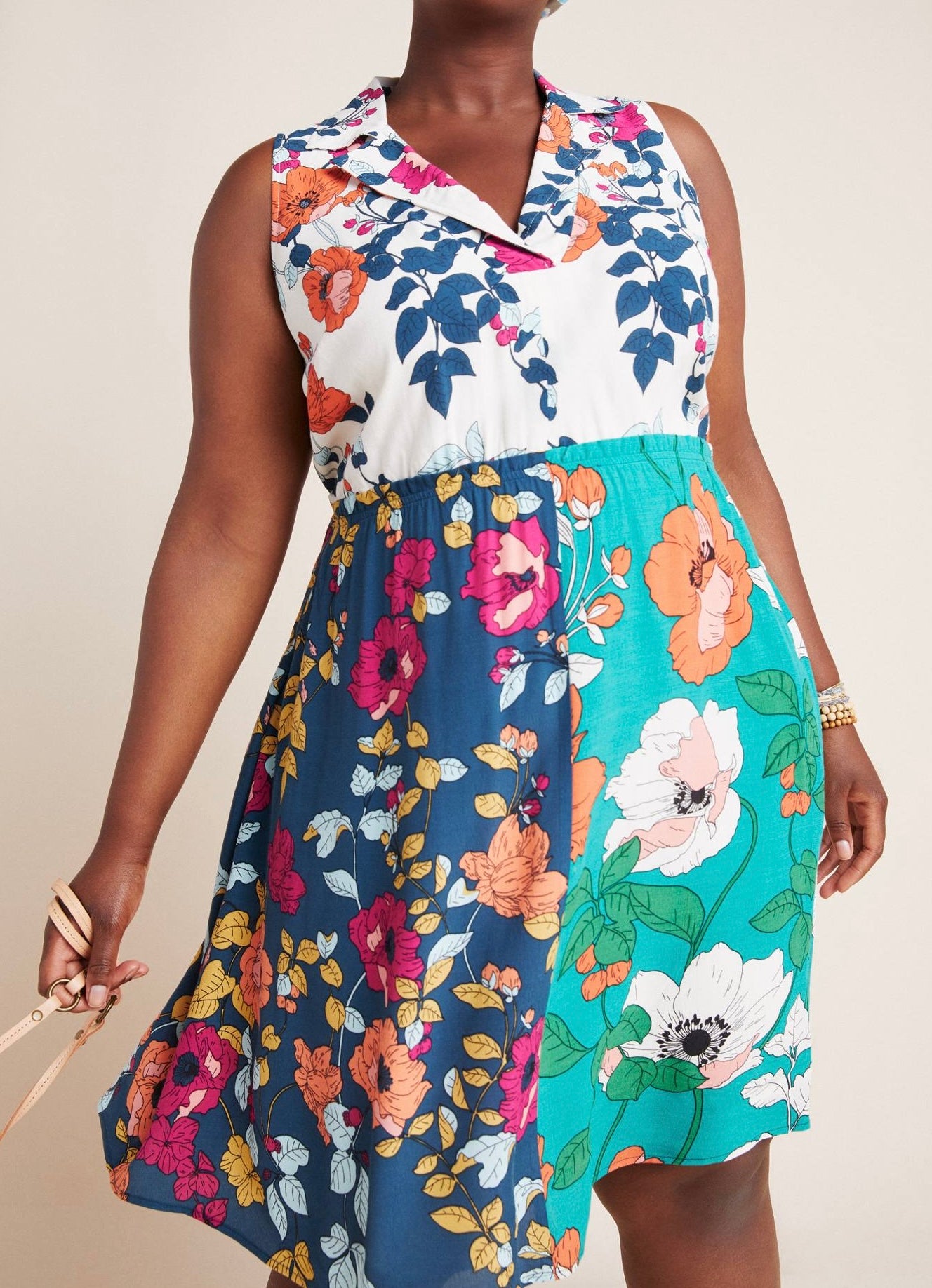 by ANTHROPOLOGIE Cream & Blue Floral Dinah Collared Halter Dress Sz. 16