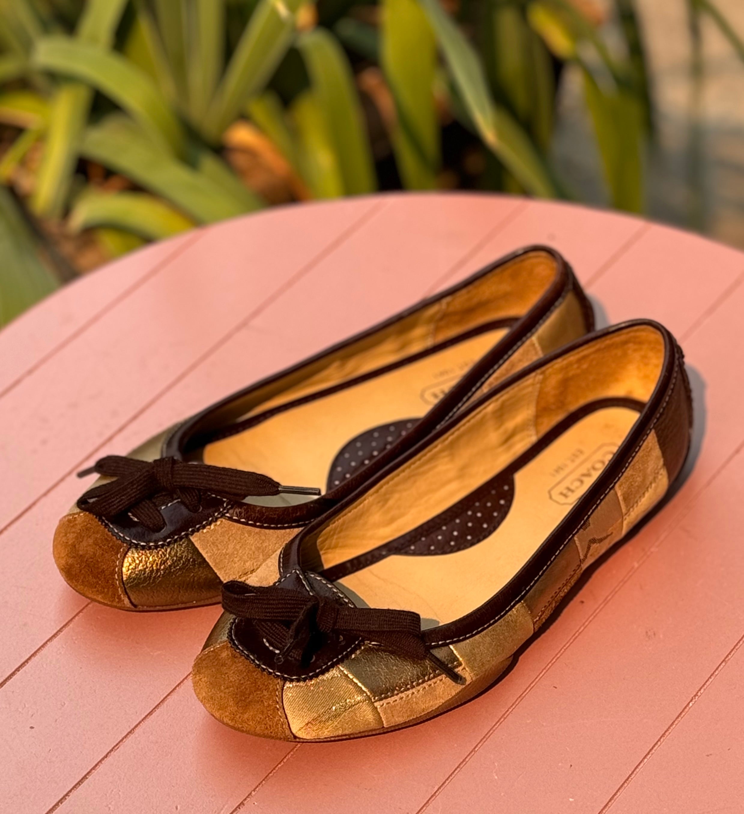 COACH Brown Y2K Vintage Suede Leather Jasmine Patchwork Flats Sz. 7.5