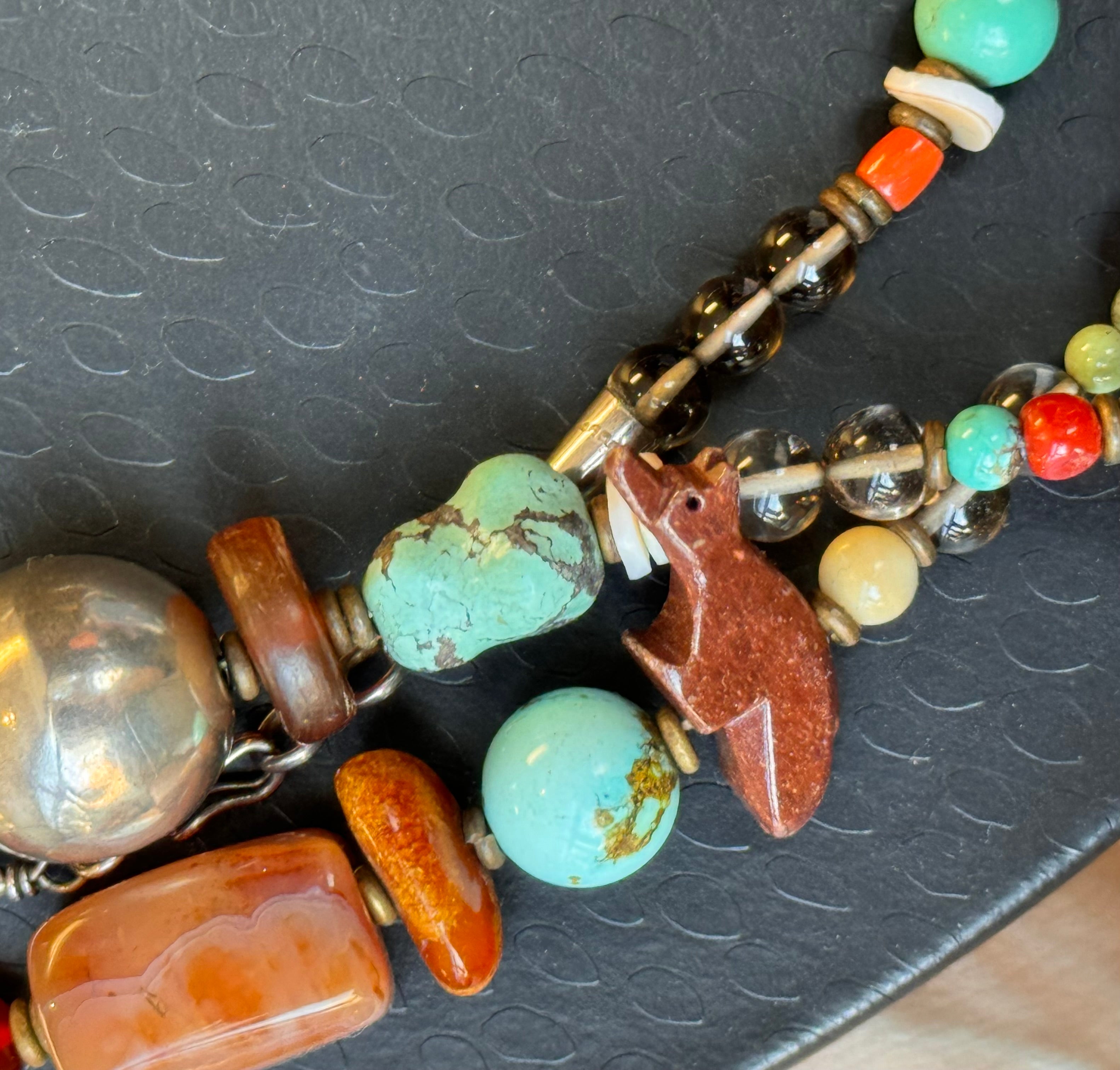 Vintage 1970’s Peyote Bird Sterling Turquoise & Carnelian Coral Necklace