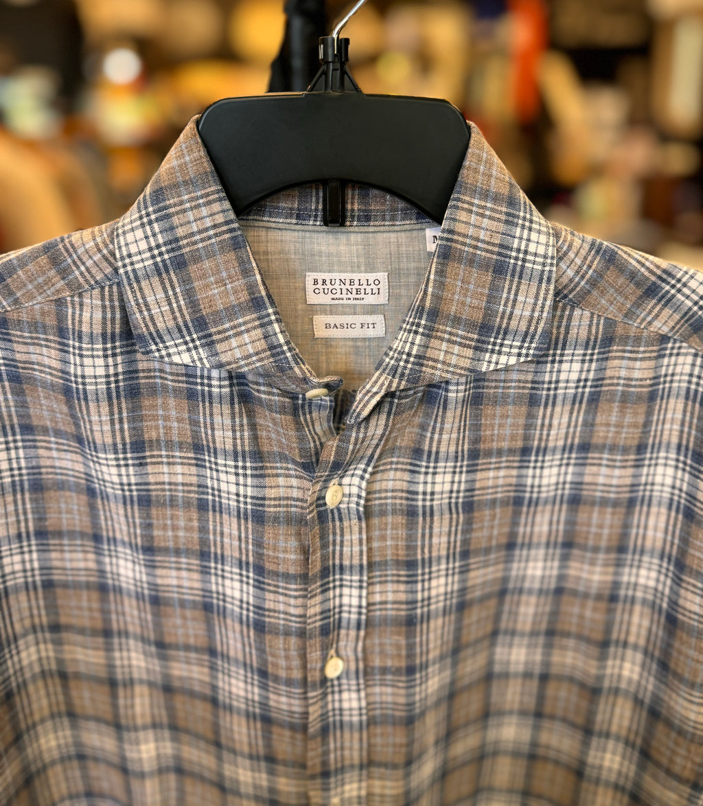 BRUNELLO CUCINELLI Brown Flannel Button Up Linen Shirt Medium