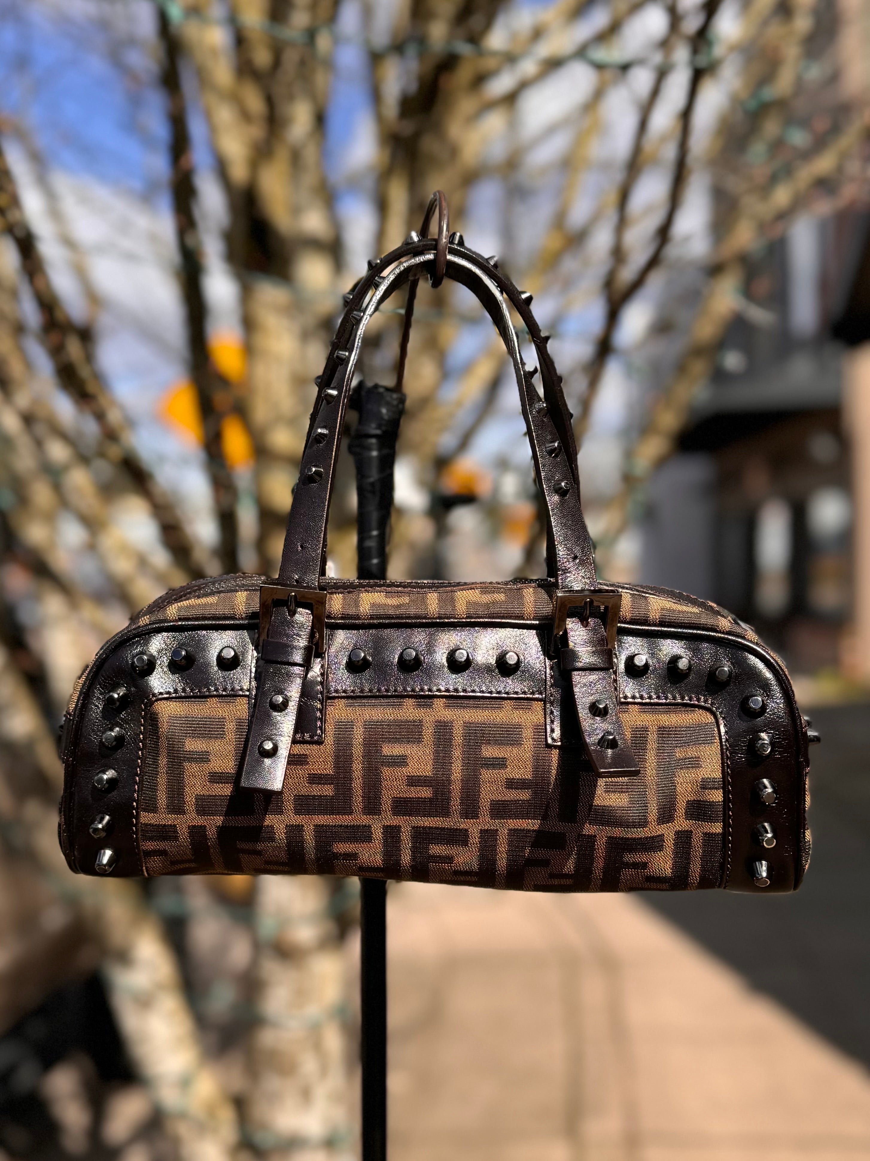 SOLD! Vintage Y2K FENDI Zucca Studded Leather & Canvas Bag