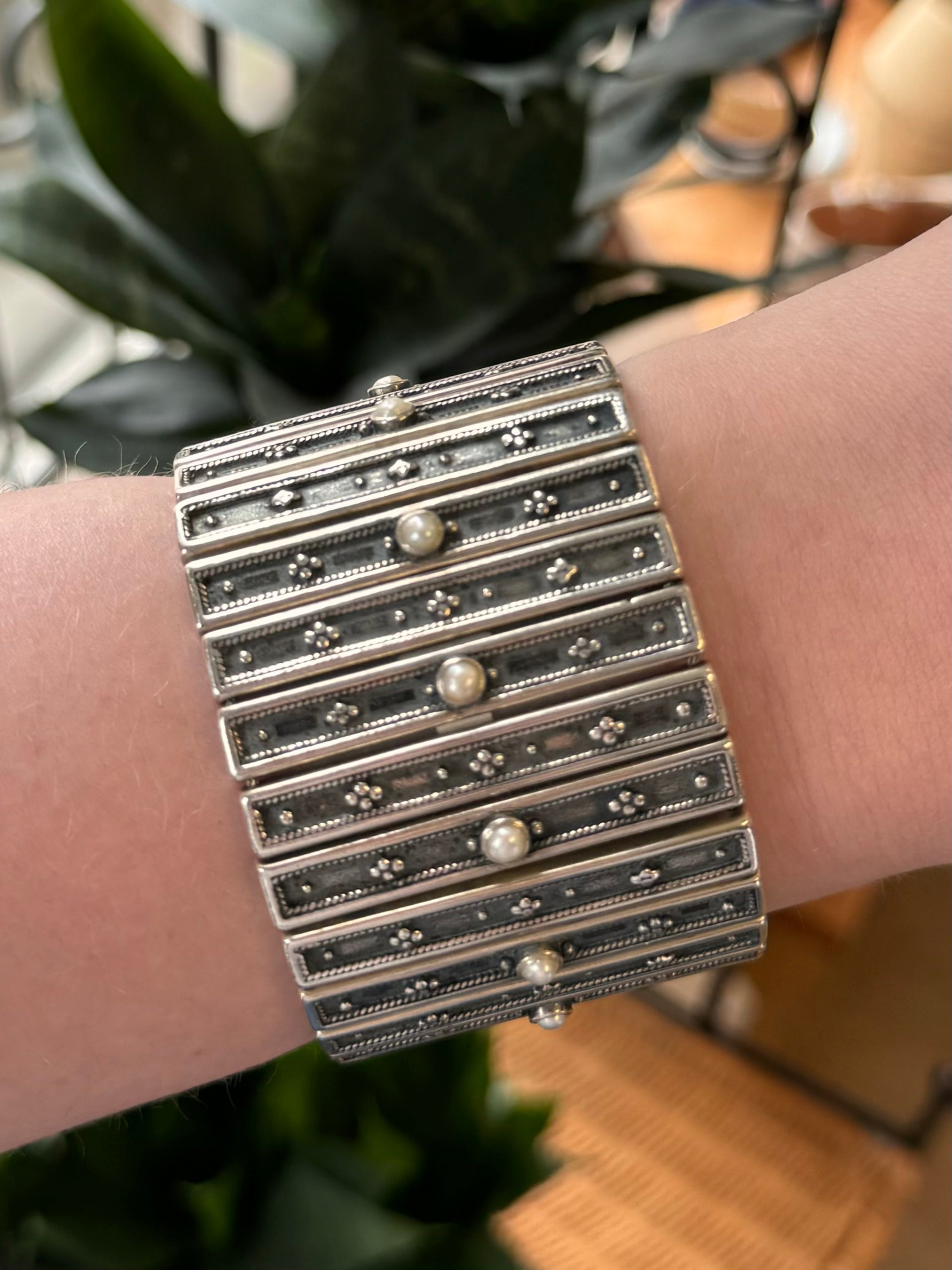 Vintage Sterling Silver & Pearl Medieval Inspired Bracelet