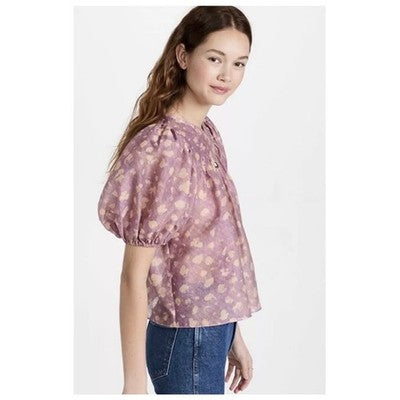 ULLA JOHNSON Sz. 12 Pink & Cream Livana Blouse Puff Sleeve Silk / Cott