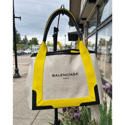BALENCIAGA PARIS Cabas Cream & Yellow Canvas & Leather Tote Bag w/Pouchette