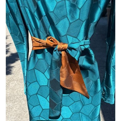 Vintage 80’s (Dynasty Era! Andrea Odicini Turquoise & Brown Silk Martha Palm Beach Dress Sz. 40/8