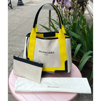 BALENCIAGA PARIS Cabas Cream & Yellow Canvas & Leather Tote Bag w/Pouchette