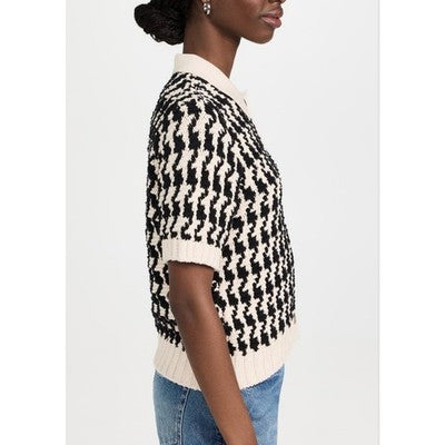 ANINE BING Black Cream Button Up Cotton Knit Short Sleeve Tommy Sweater - Medium
