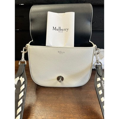 MULBERRY White & Black Leather Darley Small Satchel Crossbody Turn Lock Bag