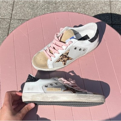 GOLDEN GOOSE White Superstar Leopard Horsy Star Glitter Heel Shoes w/Box Sz. 36