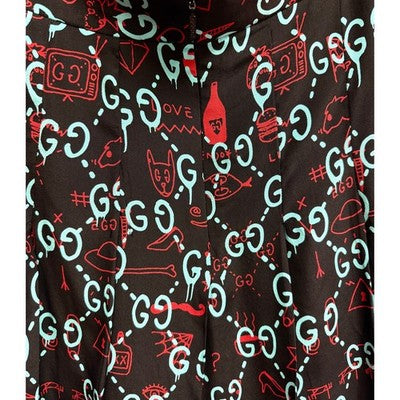 GUCCI Ghost Print Monogram Signature Pleated Silk Belted Skirt Cardi B. Sz. 48