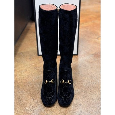 SOLD! GUCCI Black Velvet Monogram Horsebit Malaga Knee-High Crystal Boots NEW Sz. 38 1/2