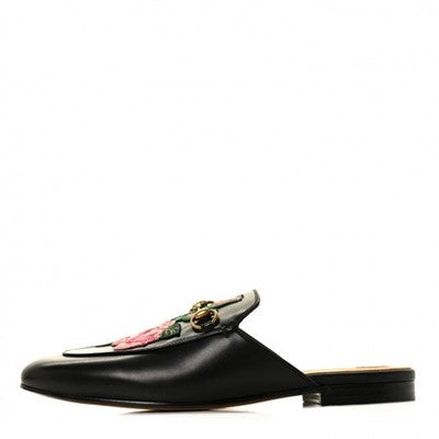 GUCCI Princetown Leather Mules Embroidered Floral Horse bit Flats (New w/box) Sz. 36