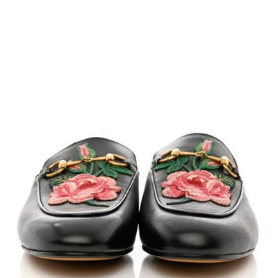 GUCCI Princetown Leather Mules Embroidered Floral Horse bit Flats (New w/box) Sz. 36