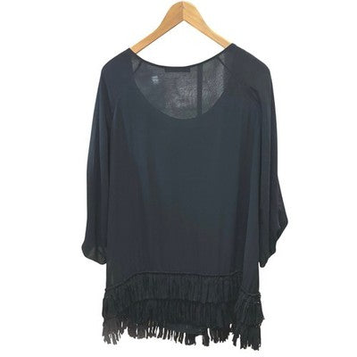 MARINA RINALDI XL Black Fringe Beaded Midi Dress Tassel Tunic Sz. 29  - XL