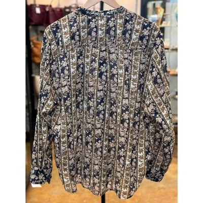 ISABEL ETOILE MARANT Blue Yellow Cotton Striped Floral Print Mock Blouse Sz. - Medium