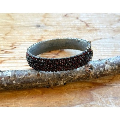Antique Bohemian Rose Cut Garnet Five Row Bangle Bracelet w/12K Gold Chain