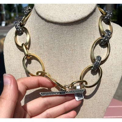 LANVIN PARIS Gold & Silver Tone Mixed Chunky Metal Choker Necklace w/