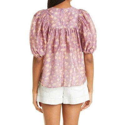 ULLA JOHNSON Sz. 12 Pink & Cream Livana Blouse Puff Sleeve Silk / Cott