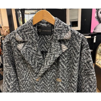 VERSACE Black & Grey Button Up Wool Blend 304 Sleeve Zip Accent Coat - Small