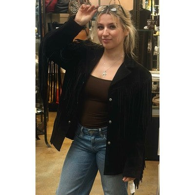 Schott Western Black Long Fringe Leather Jacket Vintage 80's Sz. 12 - Medium