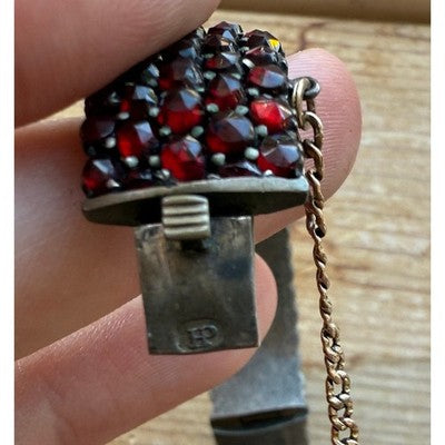 Antique Bohemian Rose Cut Garnet Five Row Bangle Bracelet w/12K Gold Chain
