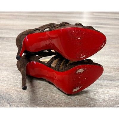 SOLD! Louboutin Brown Suede Strappy Caged Ankle Booties Sandals Peep Toe Heels Sz. 39