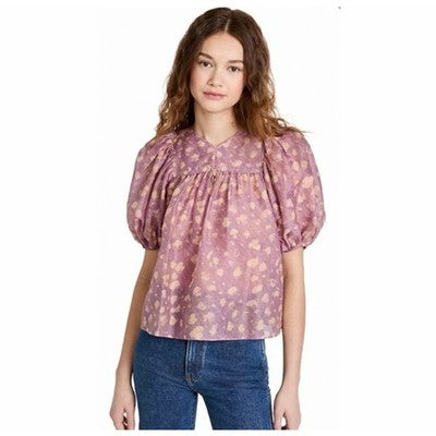 ULLA JOHNSON Sz. 12 Pink & Cream Livana Blouse Puff Sleeve Silk / Cott