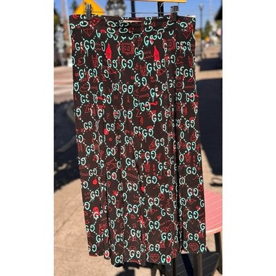 GUCCI Ghost Print Monogram Signature Pleated Silk Belted Skirt Cardi B. Sz. 48