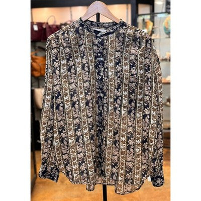 ISABEL ETOILE MARANT Blue Yellow Cotton Striped Floral Print Mock Blouse Sz. - Medium