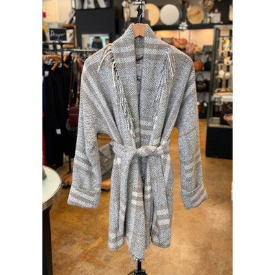 BURBERRY Tweed Nova Pleated Fringe Wool Alpaca Silk Lined Belted Cardigan Jacket Sz. 2
