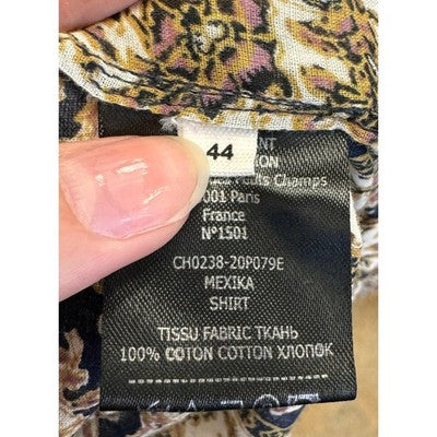 ISABEL ETOILE MARANT Blue Yellow Cotton Striped Floral Print Mock Blouse Sz. - Medium