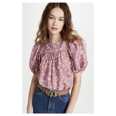 ULLA JOHNSON Sz. 12 Pink & Cream Livana Blouse Puff Sleeve Silk / Cott