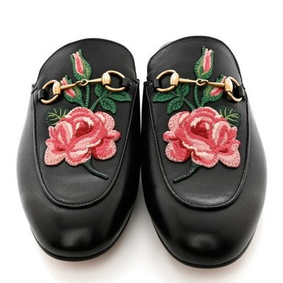 GUCCI Princetown Leather Mules Embroidered Floral Horse bit Flats (New w/box) Sz. 36