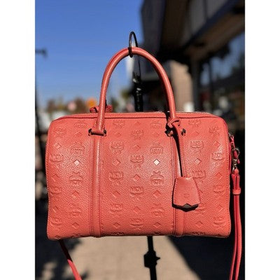 SOLD! MCM Mauve Calfskin Visetos Leather Embossed Monogram Boston Satchel Handbag